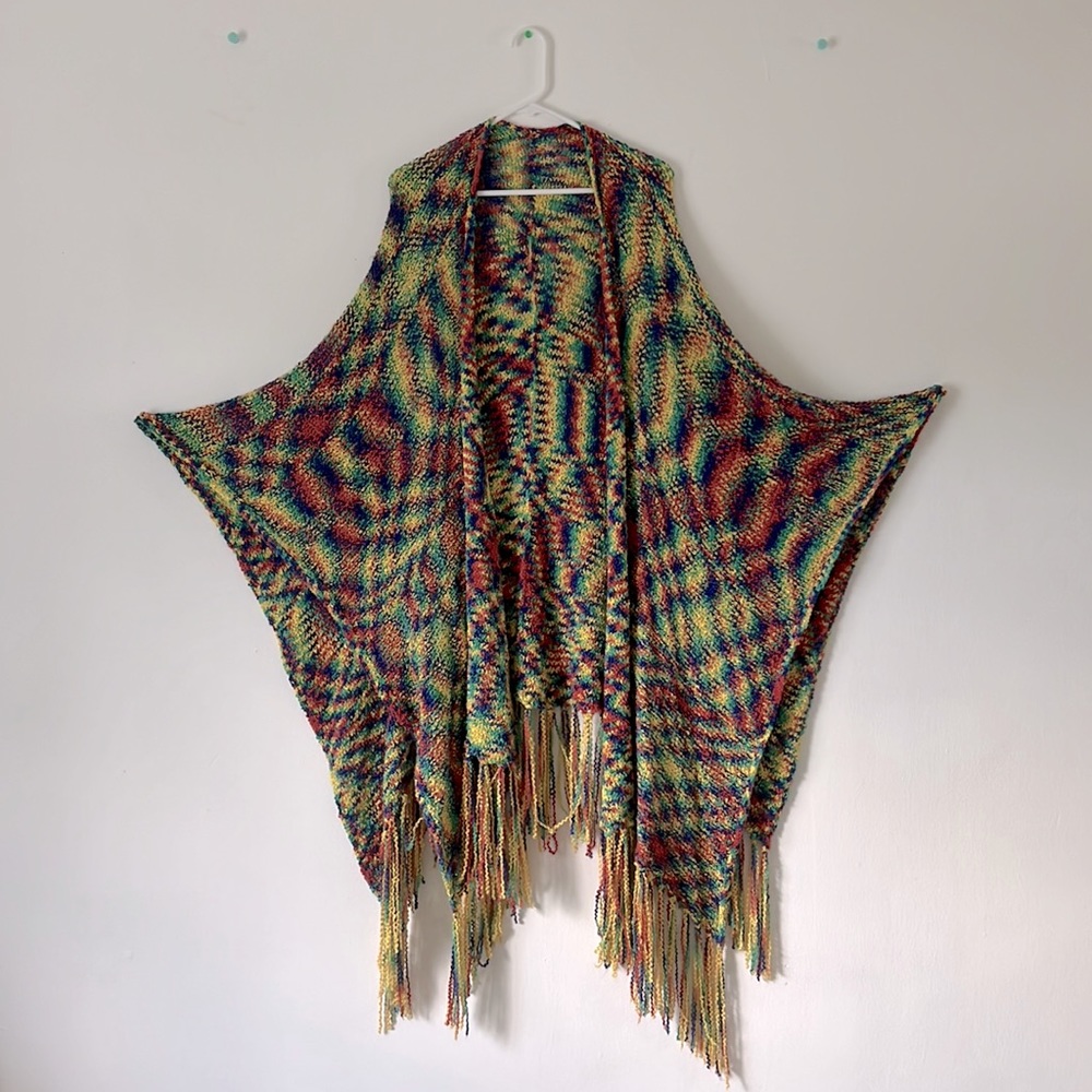 Vibrant Multicolored Knit Poncho with Fringe